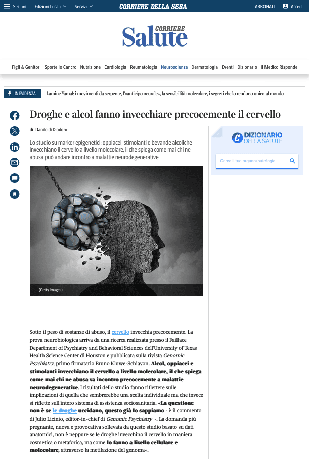 Copertura del Corriere della Sera sullo studio sull'invecchiamento cerebrale di Walss-Bass