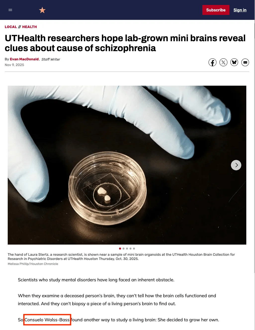 Copertura dell'Houston Chronicle sulla ricerca sugli organoidi di Walss-Bass